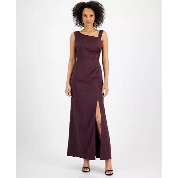 199$ Alex Evening Asymmetric Neck Sleeveless Maxi Gown Slip Dress Size 14 Maroon